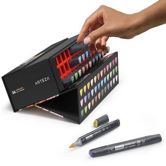 ARTEZA Alcohol Brush Markers, Set Of 36 EverBlend Grayscale Dual Tip Markers With Organizer Box Medium Chisel And Brush Nib For Drawing And Coloring